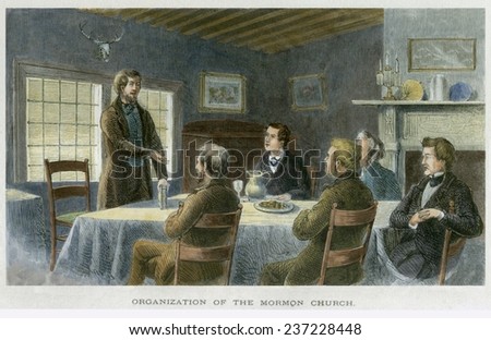 Organization of the Church of Christ on April 6 1830 at the home of Peter Whitmer Joseph Smith is in the center.