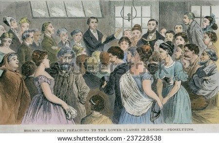Mormon missionary seeking converts among the English lower classes. 4000 British converts joined the Church by 1841 and were assisted with emigration to America.