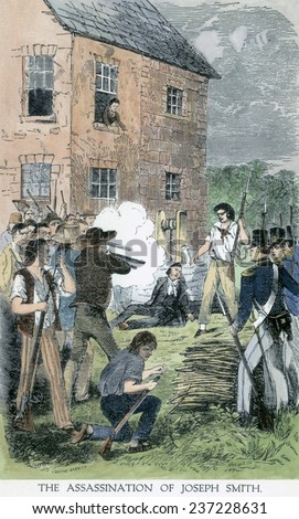 Joseph Smith murdered at the Carthage Jail, mob propped Smith's body against a well and ordered Colonel Levi Williams to 'Shoot the damned rascal.' June 27, 1844. 1882 book illustration modern color.