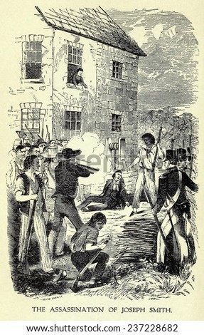 Joseph Smith murdered at the Carthage Jail, the mob propped Smith's body against a well and ordered Colonel Levi Williams to 'Shoot the damned rascal.' June 27, 1844. 1882 book illustration.