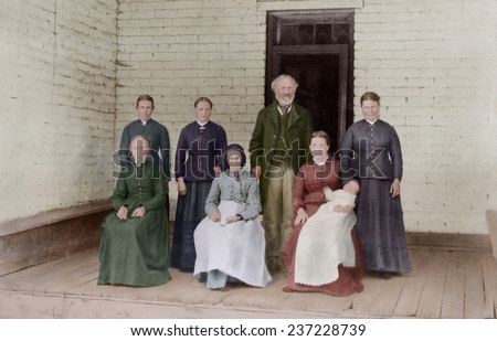 A Latter Day Saint plural marriage portrait Included are one middle aged man his elderly mother.