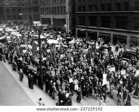 Five thousand school teachers demonstrate in downtown Chicago In the Great Depression they worked for months without pay.