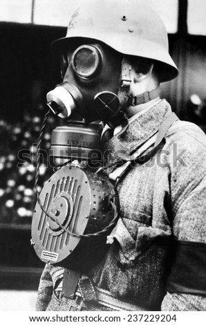 Hungarian soldier wearing a new type of gas mask with a microphone to enable conversation during a gas attack Nov 10, 1939.