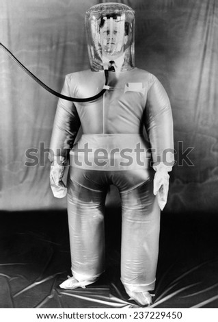 Plastic protective outfit filled with compressed air It was designed to protect British Atomic energy workers against radioactive dust and particles Oct.