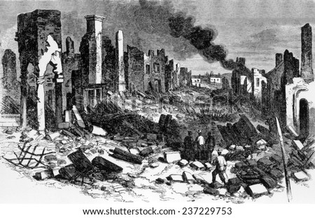 The ruins of Richmond, Virginia at the end of the Civil War, 1865, from Leslie\'s Weekly.