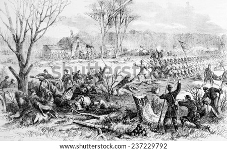 The Battle of Shiloh, recapture of artillery by the First Ohio and other regiments, April 7, 1862, from Leslie\'s Weekly.