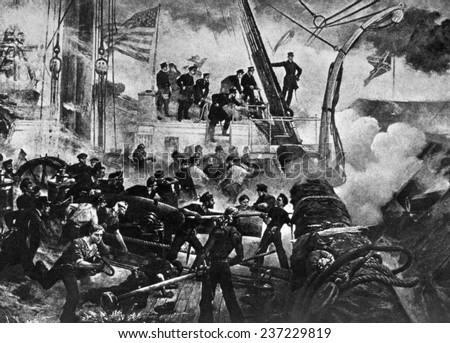 The Battle of Mobile Bay, Admiral Farragut aboard the Hartford ordering \'Dam n the torpedoes, full speed ahead!,\' August 5, 1864, from The New York Times.