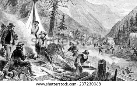 The Gold Rush, a gold miner camp in the Klondike, engraving 1898.