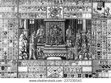 King James I ( 1566- 1625), King James I (center, ruled England 1603- 1625) and Parliament, Lords Spiritual on the left, Lords Temporal on the right, 1620.