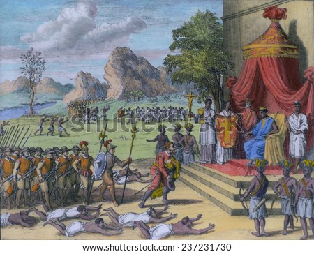 The King of the Congo grants an audience to foreigners The event is dated ca 1650 from an 18th century French engraving Don Alvaro was King of Kongo from 1641-61, 1650 engraving with modern color.