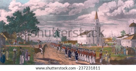 A Provisional Battalion lined up for review to join regular troop in the suppression of the Demerara Slave Revolt in the colony of British Guiana in August-September 1823.