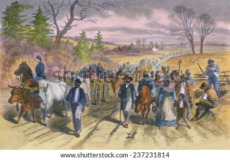 Shortly after the Emancipation Proclamation went into effect on January 1, 1863 many freed slaves escaped to the Union Army lines at Newbern, Feb. 1863 wood engraving with modern color.