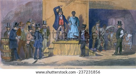 Slave auction in Richmond Virginia in 1856 A women stands alone as bids are offered, 1856 engraving with modern color.