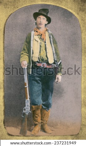 Billy the Kid 1859-8 1 killed twenty two men during his short life of 21 years Print from THE STORY OF THE OUTLAW 1907 with modern color.
