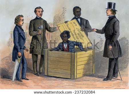 Henry Brown endured a twenty-six hours bent over in a 3' x 3' x 2' crate shipped by overland express from Richmond Virginia to Philadelphia in July 1856, Engraving with modern watercolor.