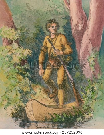 Daniel Boone 1734-1820 escaping from Shawnee Indians 1778 During the American Revolution the Shawnee captured Boone, DANIEL BOONE THE PIONEER OF KENTUCKY 1866 with modern watercolor.