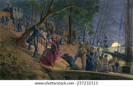 Fifteen fugitive slaves arriving in Philadelphia along the banks of the Schuylkill River in July 1856, Engraving from William Still\'s history UNDERGROUND RAILROAD 1872 with modern watercolor.