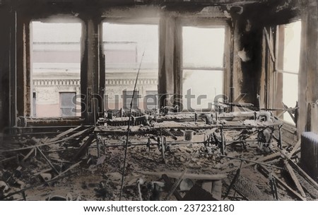 Triangle Shirtwaist Factory interior gutted by the fire that killed 146 women workers on March 25,1911, 2011 photo illustration with digital color.