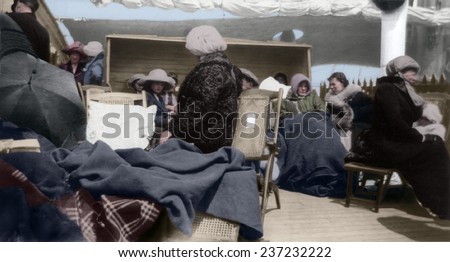 Survivors of the Titanic disaster aboard the Carpathia after being rescued Many were grieving widows in shock and mourning their husbands who went down with the ship Photo taken April 16-18 1912.