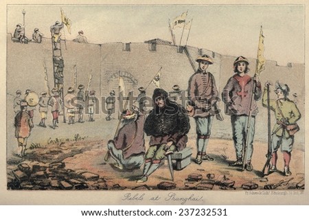 Taiping Rebels at Shanghai China in 1853-54. \'Small Swords\' refers to daggers used by warriors or martial artists in close combat. 19th century print.