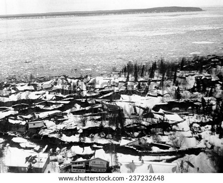 1964 Alaska Earthquake Aerial view of the Anchorage residential area of Turnagail shows destruction caused by the up thrust of the Good Friday earthquake.