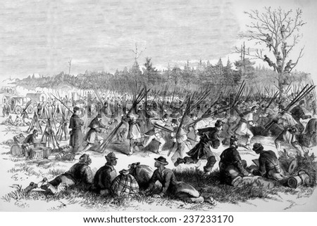 Third Brigade, Third Division, Sixth Corps setting up camp at Stafford's Store, Virginia, from Leslie's Weekly, 1863.