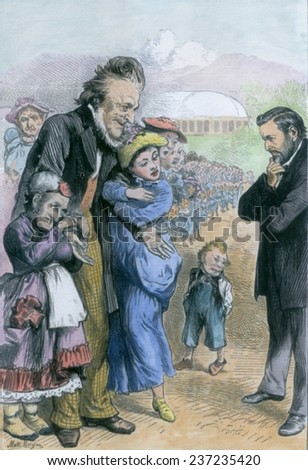 The Mormon problem solved Political cartoon showing Brigham Young with large group of wives and children.