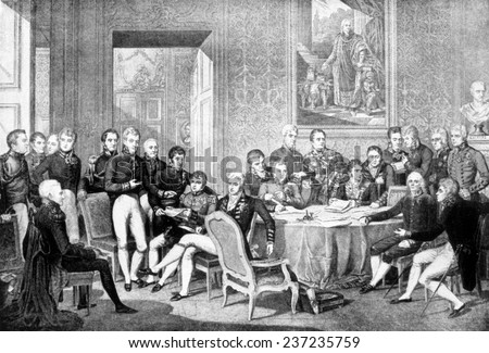 Congress of Vienna, conference to organize Europe after the defeat of Napoleon, 18 15, Drawing by Jean-Baptiste Isabey, 18 19.