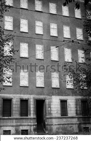 Bricked up windows of building along the Berlin Wall on the border of the French and Soviet sectors Oct25.