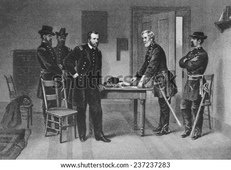 Confederate General Robert E, Lee surrenders to Union General Ulysses S, Grant at Appomattox Court House, Virginia, April 9, 1865, from The New York Times.