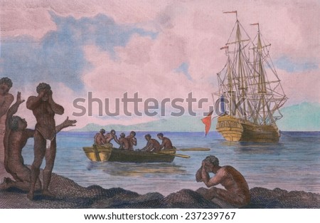 Scene in an African slave trade in which recently purchased slaves are transported to a European ship Slave ships often loaded their cargos gradually.