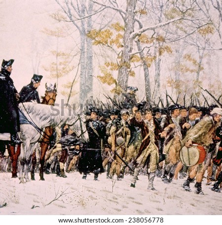 General George Washington (left) with his army at Valley Forge, Pennsylvania during the winter of 1777- 1778, from the Valley Forge Historical Society
