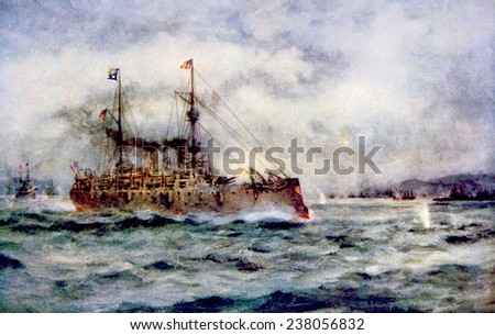 The Battle of Manila Bay, the American cruiser Olympia firing the first shot, May 1, 1898, painting by Robert Hopkin