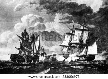 The USS \'United States\' commanded by Stephen Decatur captures the British ship \'Macedonian,\' October 30, 1812
