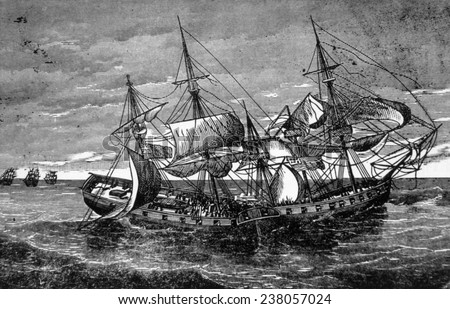 The War of 1812, the American ship Wasp in battle with the British ship Frolic, 1813