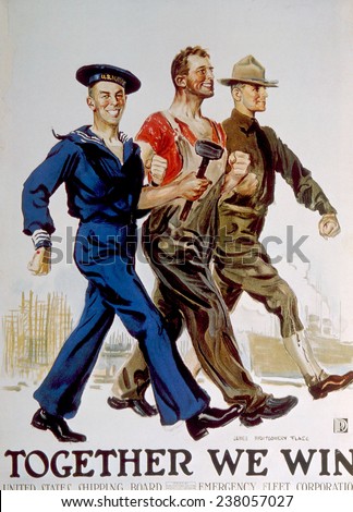World War I American poster depicting the unity of war workers and the military by James Montgomery Flagg, 1918