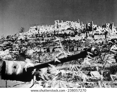 World War II, An American tank in front of the ruins of Monte Cassino, Italy, 1944,