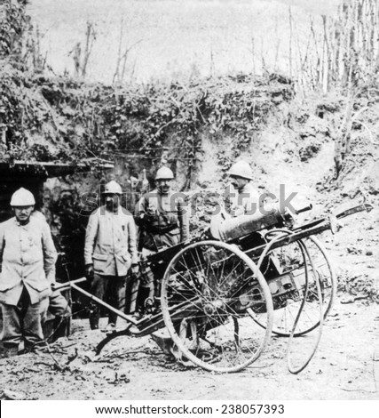 World War I, French soldiers with captured German liquid fire gun, ca. 1917