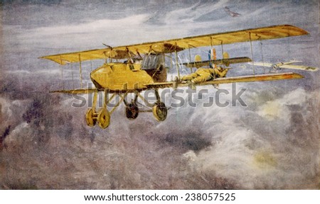 World War I, air battle with French pilot firing rifle from the wing of his airplane at his German pursuer, 1918