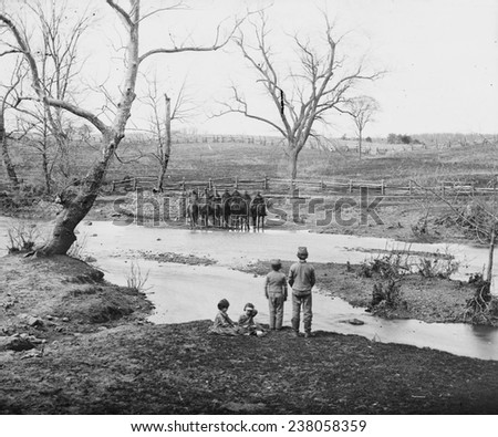 The Civil War, Bull Run, Virginia, Federal cavalry at Sudley Ford, from the main eastern theater of war, First Bull Run, from glass negative, by George N. Barnard, July, 1861.
