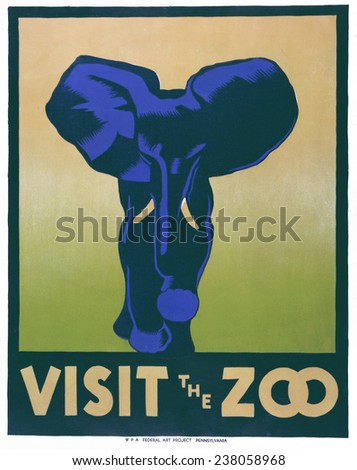 Poster promoting the zoo as a place to visit, showing an elephant, reads: \'Visit the zoo\', designed by Hugh Stevenson, for the Works Progress Administration, 1937.