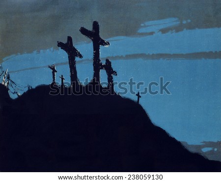 Religion. Detail of a World War I poster showing graves marked with crosses on a hill, much like views of Calvary, color lithograph by Welsh devitt, 1918.
