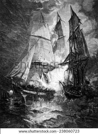 Battle between Captain John Paul Jones\' ship Bon Homme Richard and the British frigate Serapis, September 23, 1779, engraving 1876