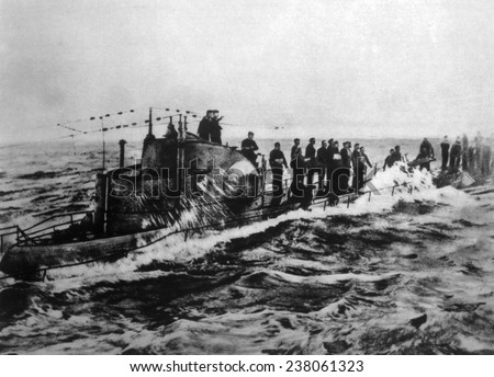 World War I, crew of the German U-boat U-58 on deck as it is captured by the American Navy, U.S. Navy photo, 1918