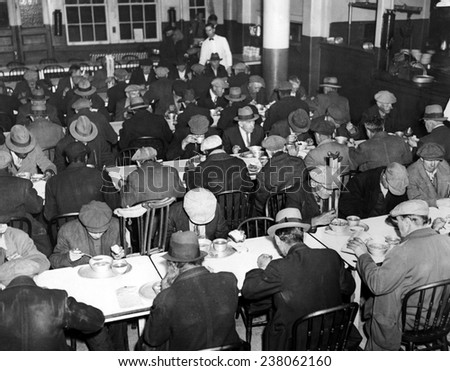 Great Depression Unemployed and homeless men eating at Municipal Lodging House (25th Street & East River) New York City