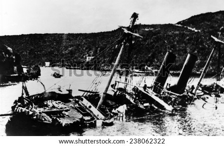 Spanish fleet sunk bay the U.S. naval squadron commanded by George Dewey in Manila Bay, Philippines during the Spanish-American War, 1898.
