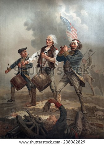 The American Revolution, Yankee Doodle 1776, three patriots, two playing drums and one playing a fife leading troops into battle, by Archibald M. Willard, ca 1876.