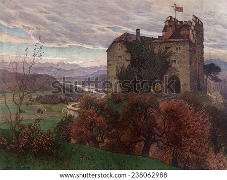 Autumn scene with castle, chromolithograph, Vienna, Gustav Jahn, 1840-1890.