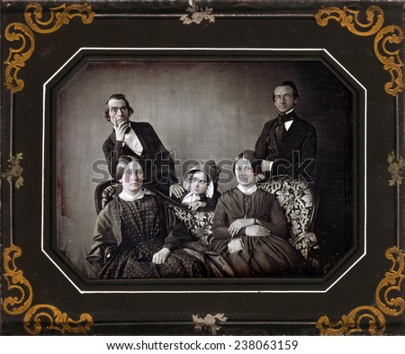 Three women and two men and a sofa, hand painted quarter-plate daguerreotype, ca 1840-1860.