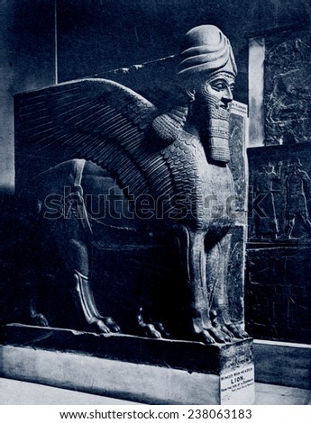 Colossal statue of a winged lion (lamassu) from the North-West Palace of Ashurnasirpal II, from Nimroud, ca 883-859 BC; photo ca 1860.